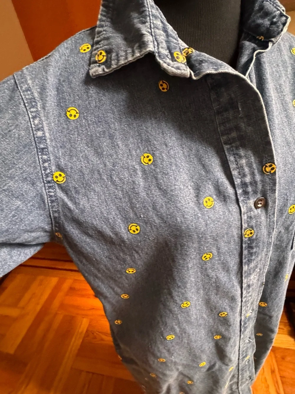 Denim Shirt Dress with Yellow Smile Embroidery - Kids